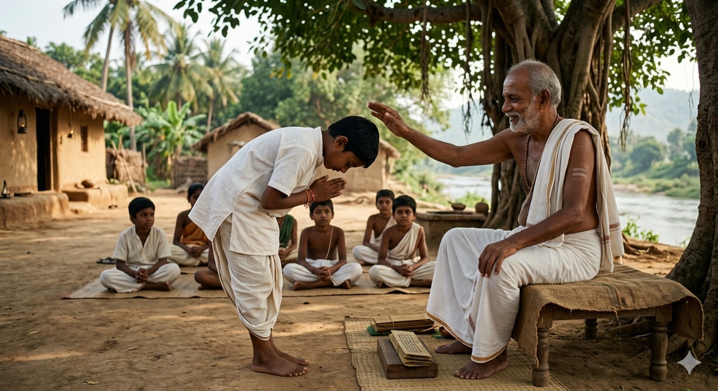 A teacher blesses a young student under a banyan tree by a river, as other students sit and watch.