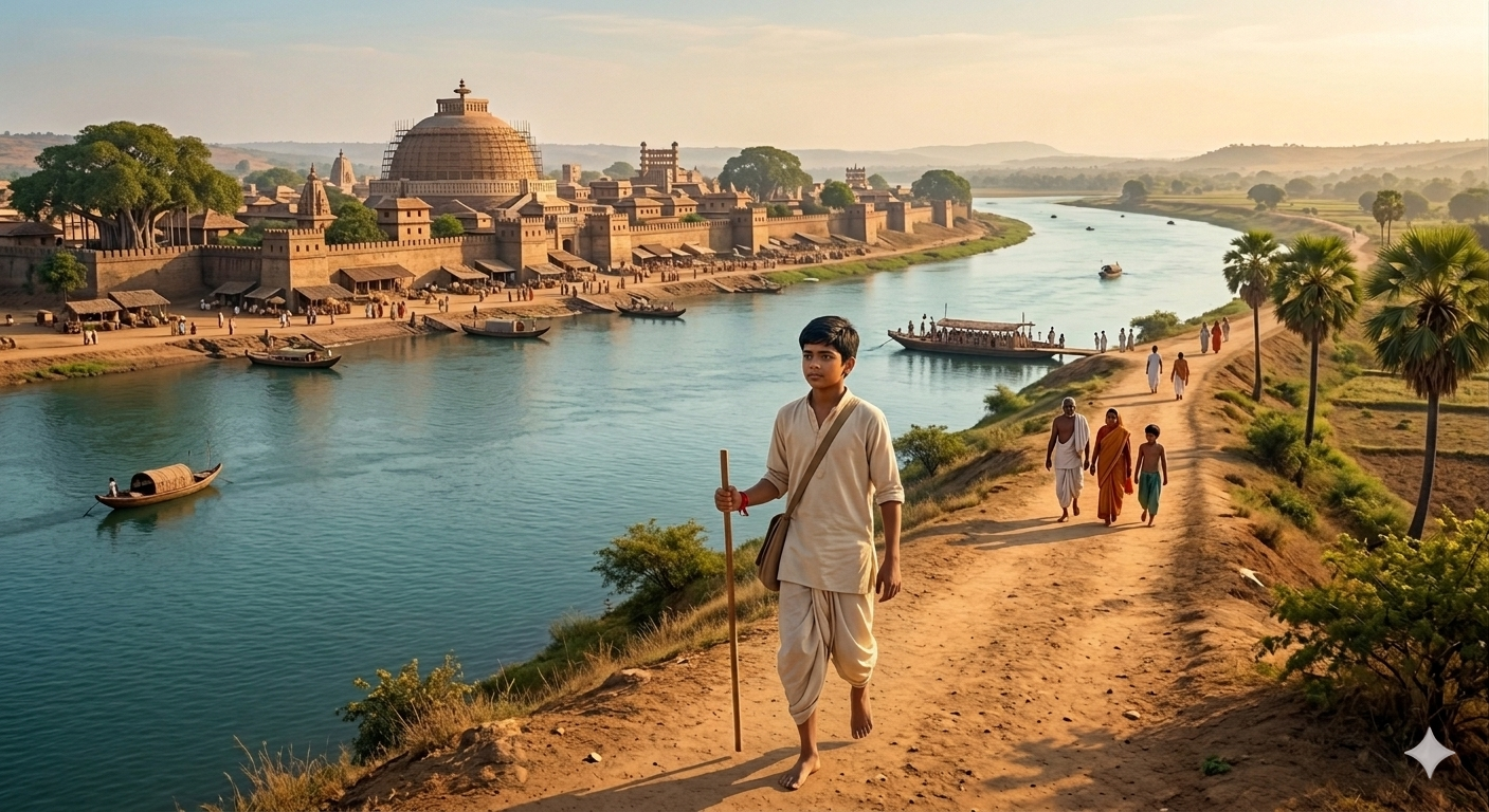Narayana walks along the banks of the Krishna river towards Dhanyakataka.