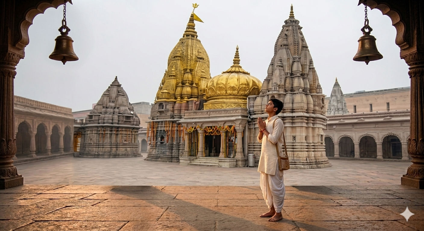 Narayana stands in awe before the Vishwanatha temple in Kashi.