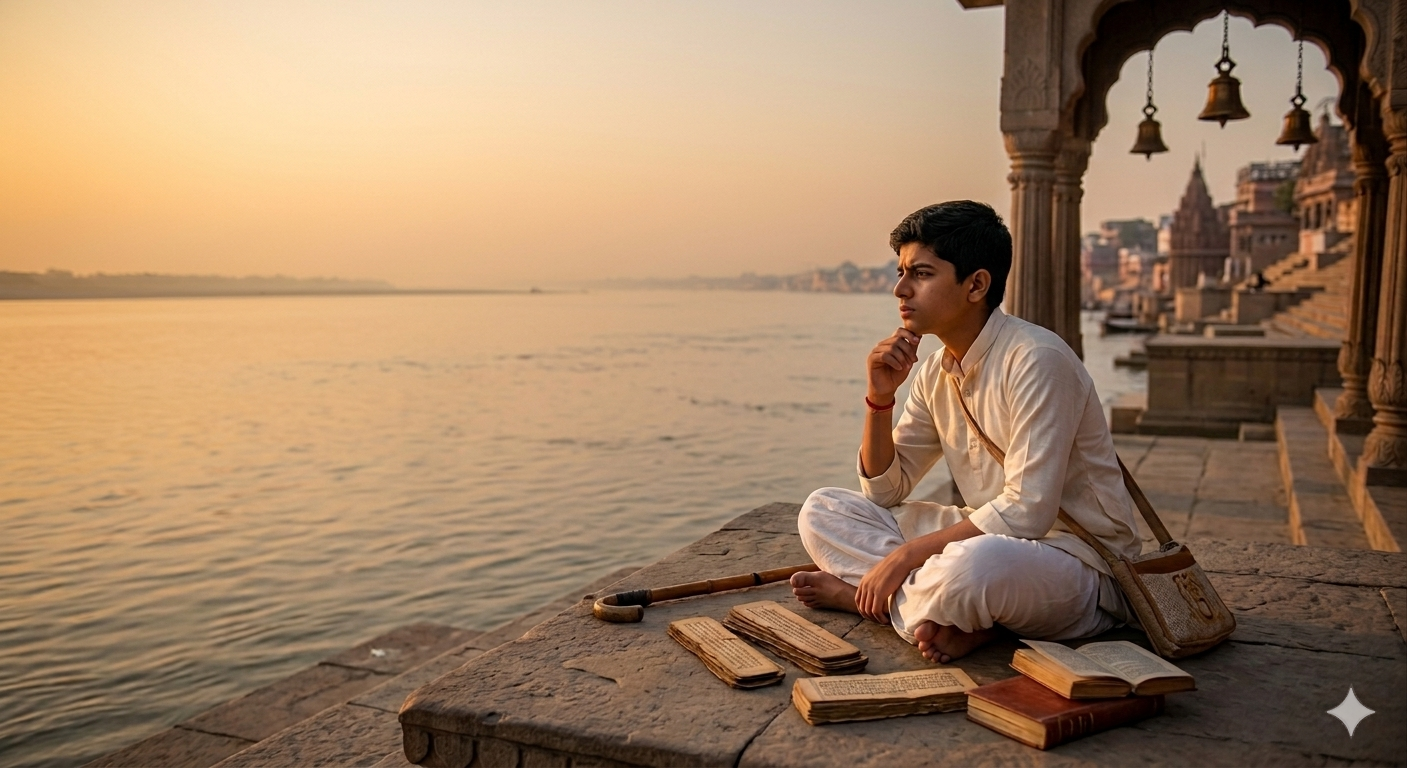Narayana sits deep in thought in Kashi, wrestling with unanswered questions.