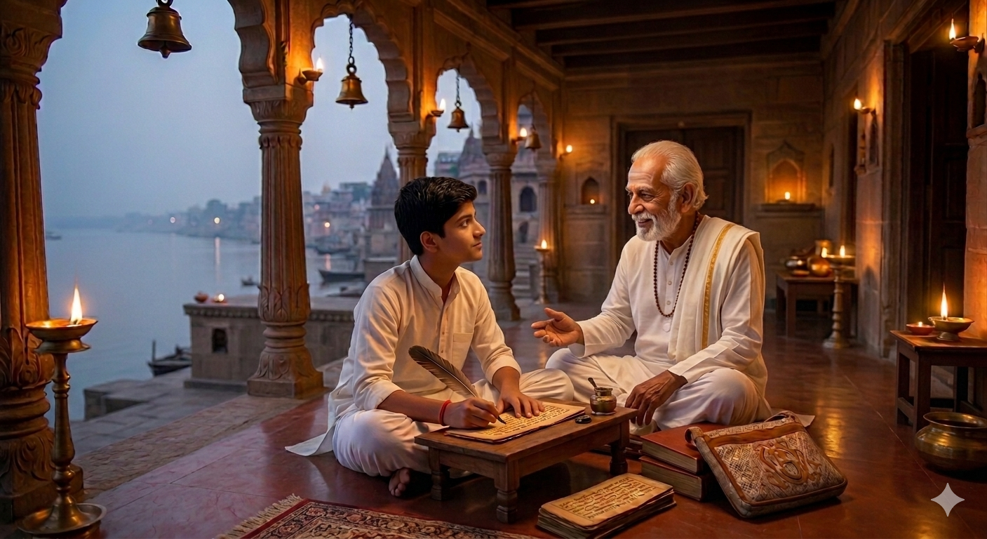 Narayana meets his teacher for the first time on a cold evening in Kashi.