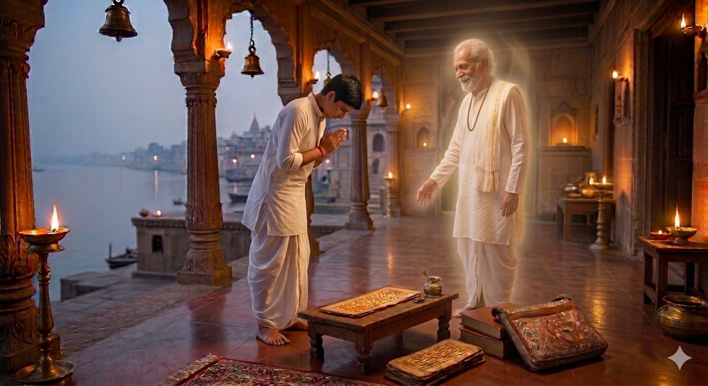 The teacher gazes at Narayana with eyes brimming with joyful tears as he reveals his true nature.