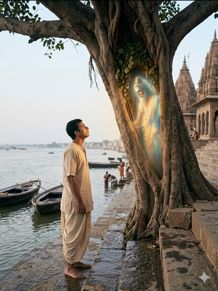 A divine being emerges from the tree on the banks of the Ganga