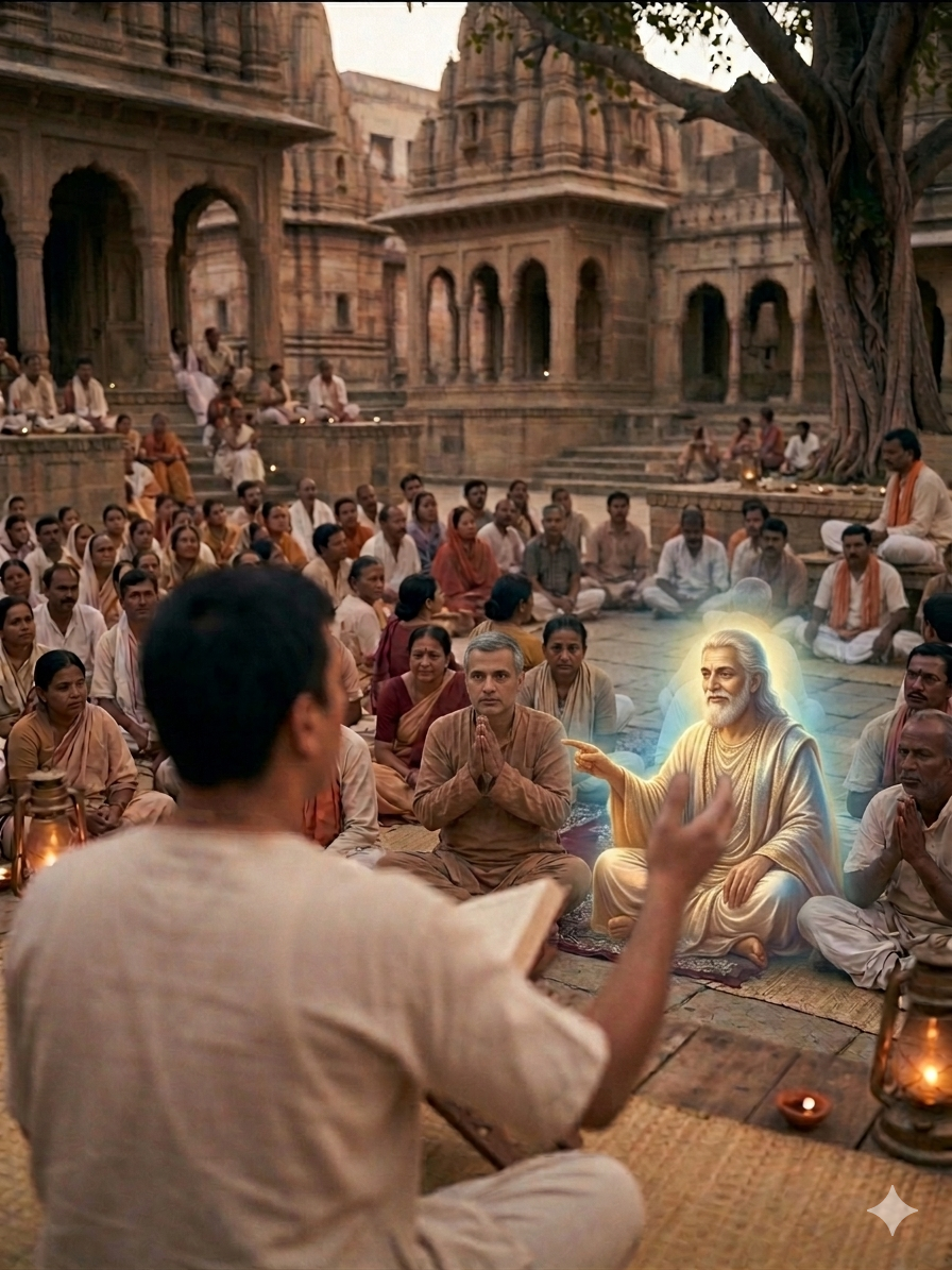 The divine being points out Hanuman seated in ordinary clothes