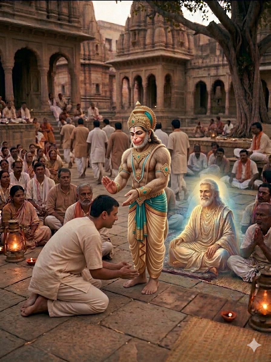 Tulsidas in devotion before Hanuman, having attained his grace